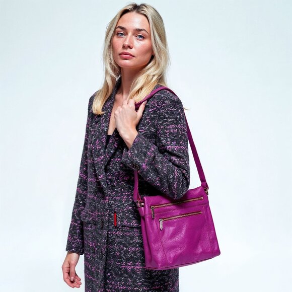 Danier Magenta Leather Crossbody Bag – Medium Zip Pocket Shoulder Purse - Picture 14 of 14